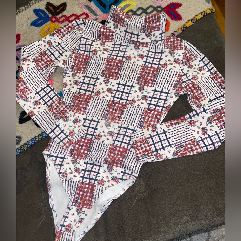 Vintage Floral Plaid High-Neck Bodysuit - Picture 1 of 4